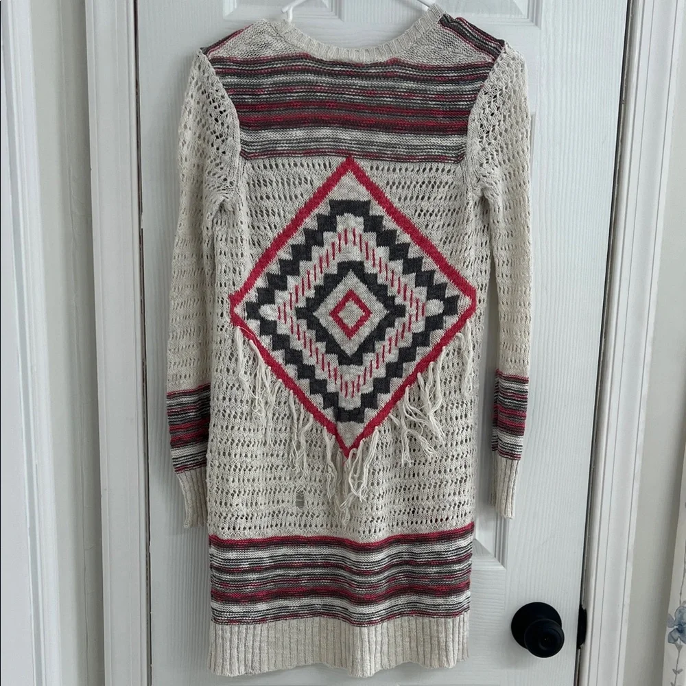 Justice Girls Size 12 Open Knit Cardigan Sweater Cream Pink Aztec Design